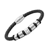Braided Black Leather Bracelet with Stainless Steel Accent Beads