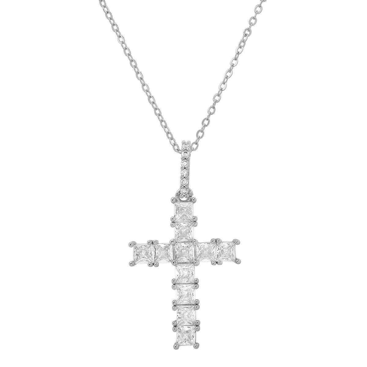 Ladies 18k White Gold Plated Brass And Simulated Diamonds Cross Pendant - Steel Time