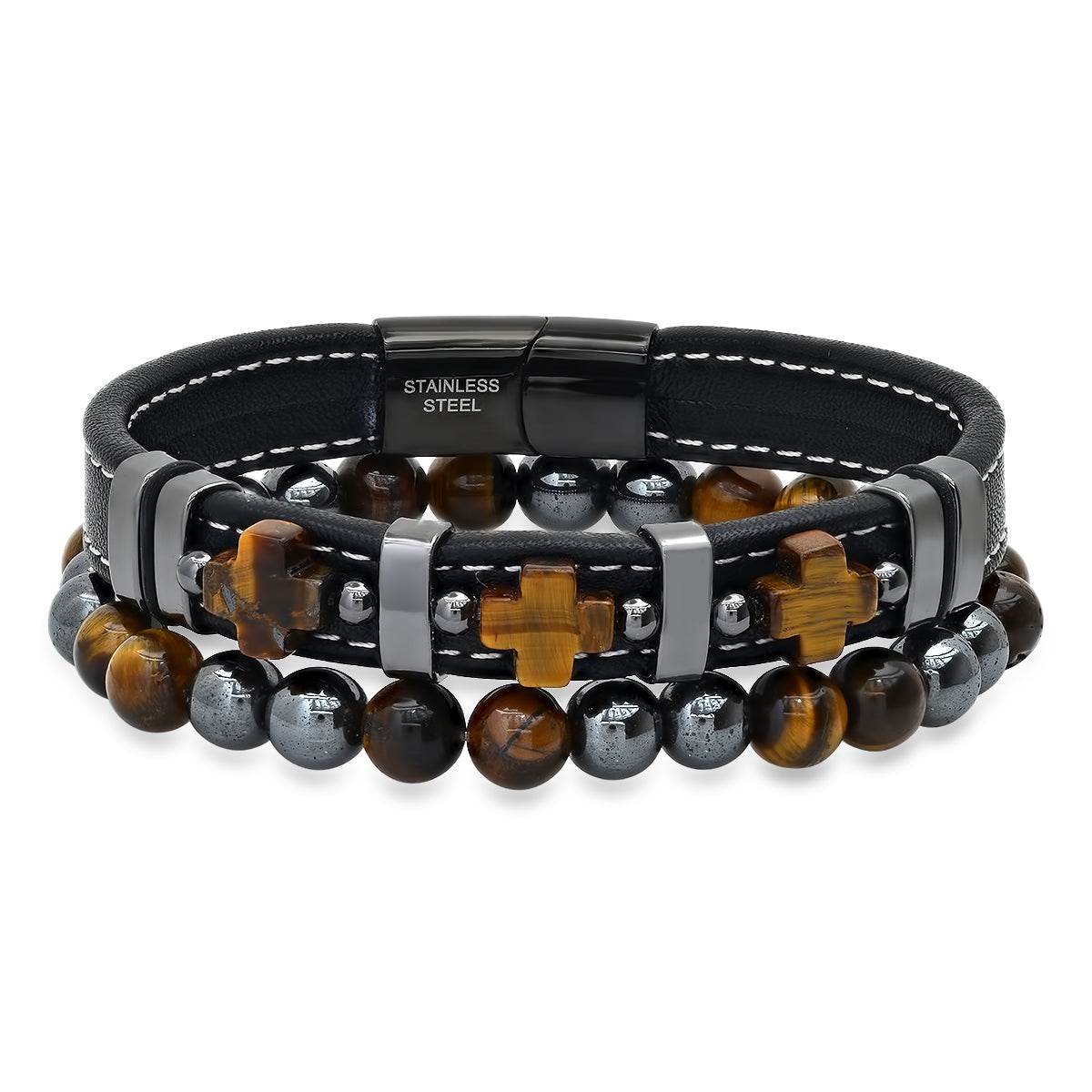 2Pc Set Black Leather, Tiger Eye Crosses And Black Ip Stainless Steel/Hematite & Tiger Eye Beaded Bracelets - Steel Time