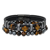 2Pc Set Black Leather, Tiger Eye Crosses And Black Ip Stainless Steel/Hematite & Tiger Eye Beaded Bracelets - Steel Time