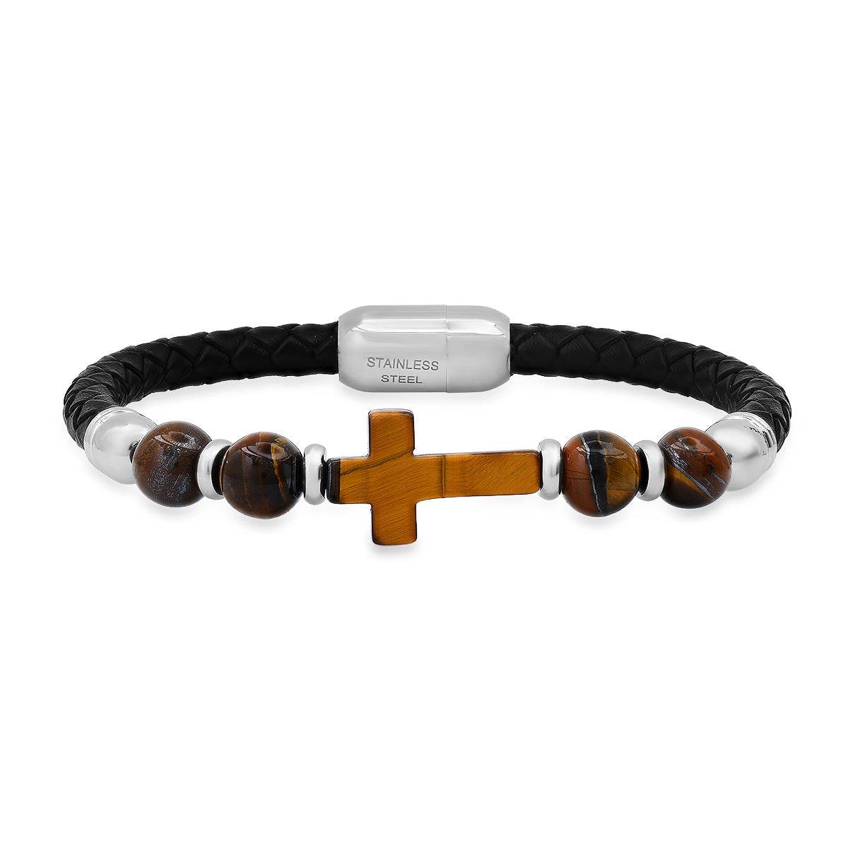Braided Black Leather, Stainless Steel And Tiger Eye Cross Beads Bracelet - Steel Time