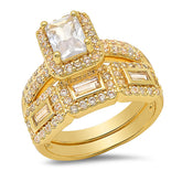 18K Gold Plated Brass And Simulated Diamonds Engagement/Band Rings 2Pc Set