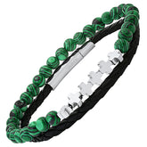 Men's Black Leather & Simulated Malachite 2pc Bracelet Set