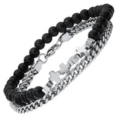 Men's Figaro Chain & Black Agate 2pc Bracelet Set