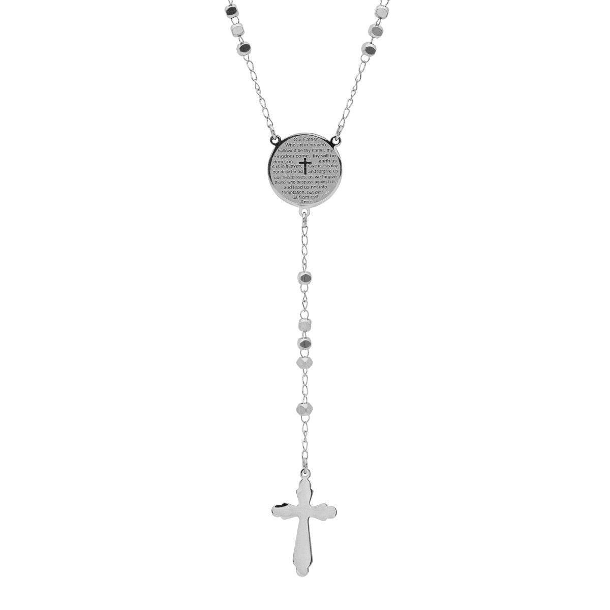 SteelTime Women's Stainless Steel Our Father Prayer Box Beaded Rosary Necklace - Steel Time