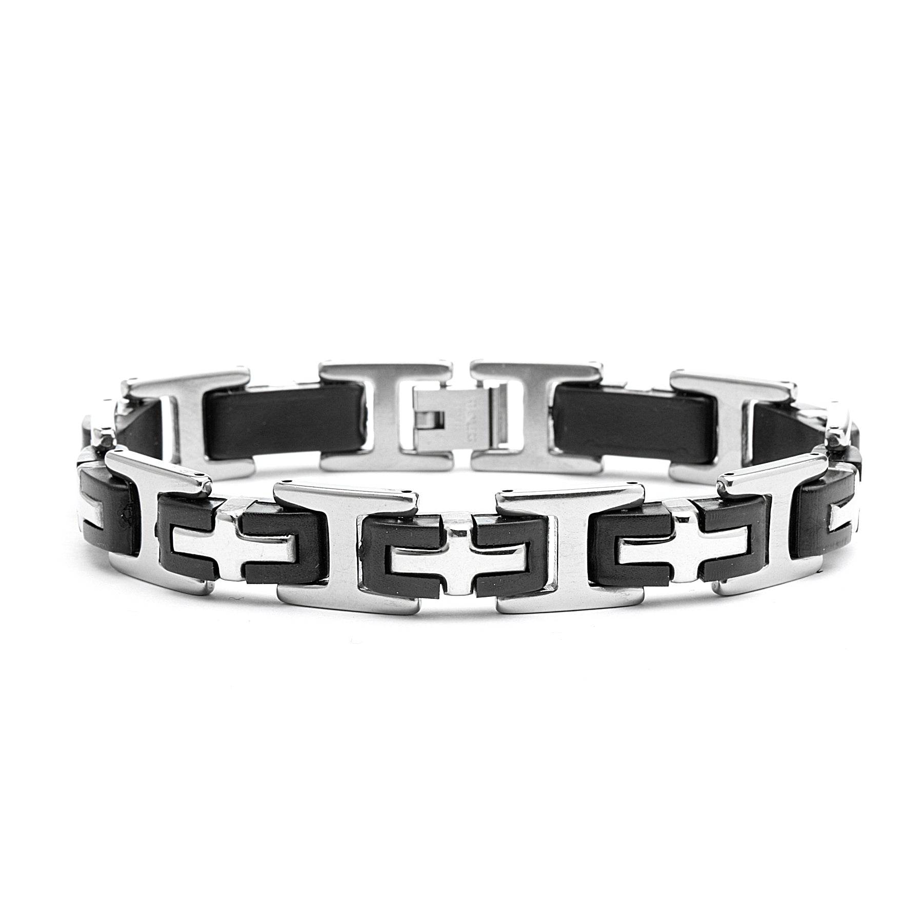 Stainless Steel Link Bracelet With Black Rubber - Steel Time