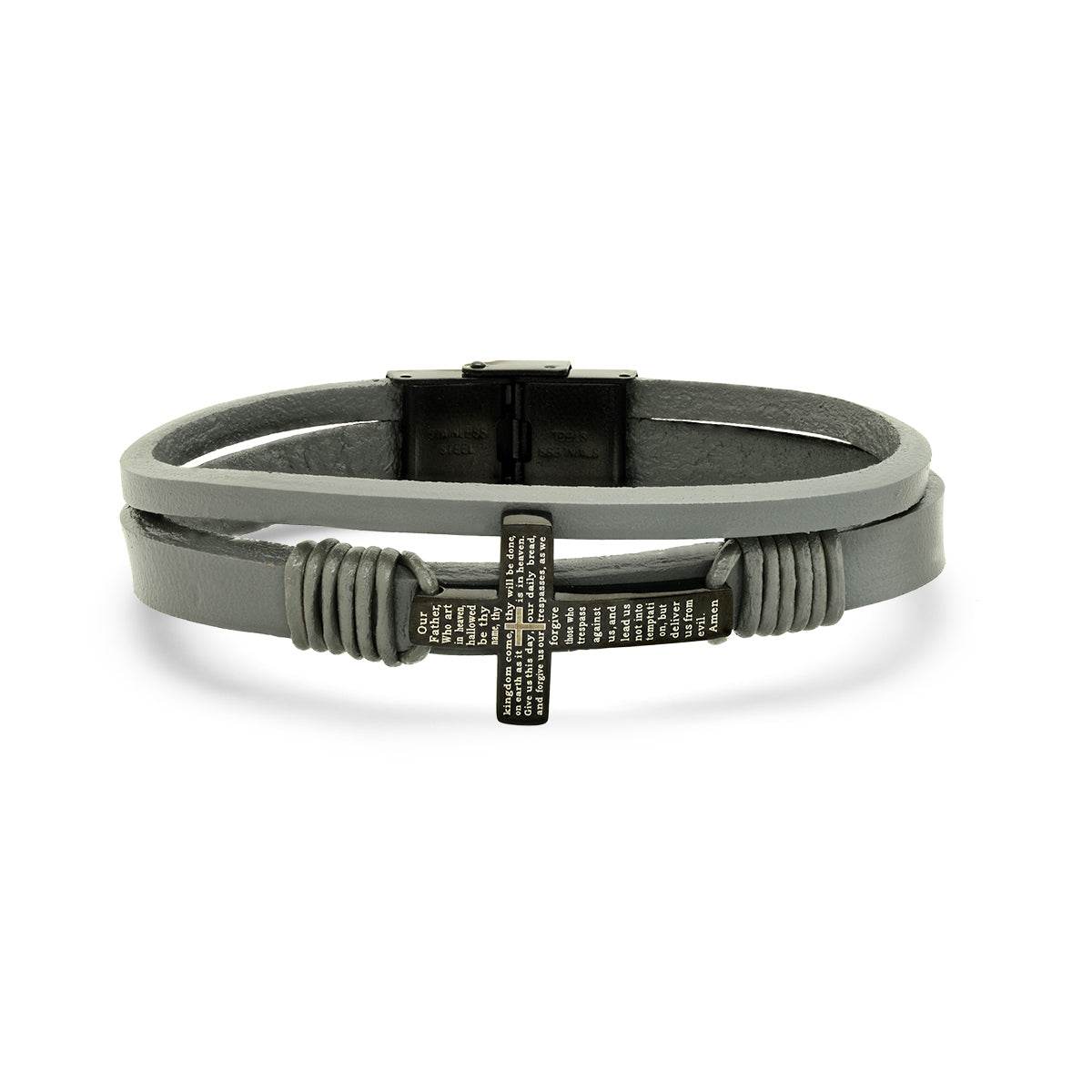 Gray Leather And Black Ip Stainless Steel Cross With Our Father Prayer Bracelet - Steel Time