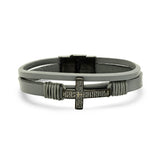 Gray Leather And Black Ip Stainless Steel Cross With Our Father Prayer Bracelet - Steel Time