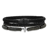 Black Braided Leather, Black Ip Stainless Steel, Simulated Black Diamonds, Hematite And Black Lava Beads 3Pc Bracelets Set