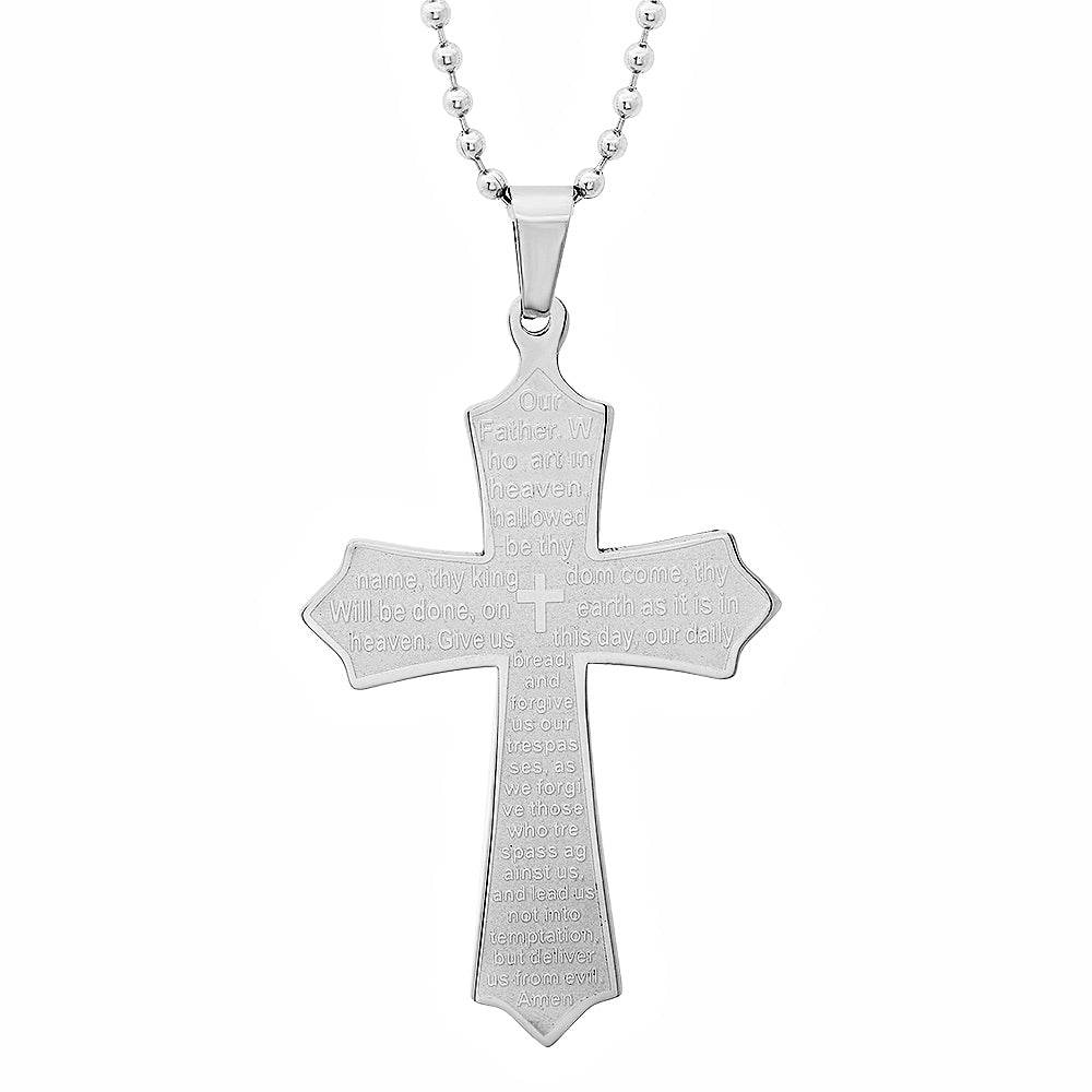 Stainless Steel Our Father Cross Pendant - Steel Time