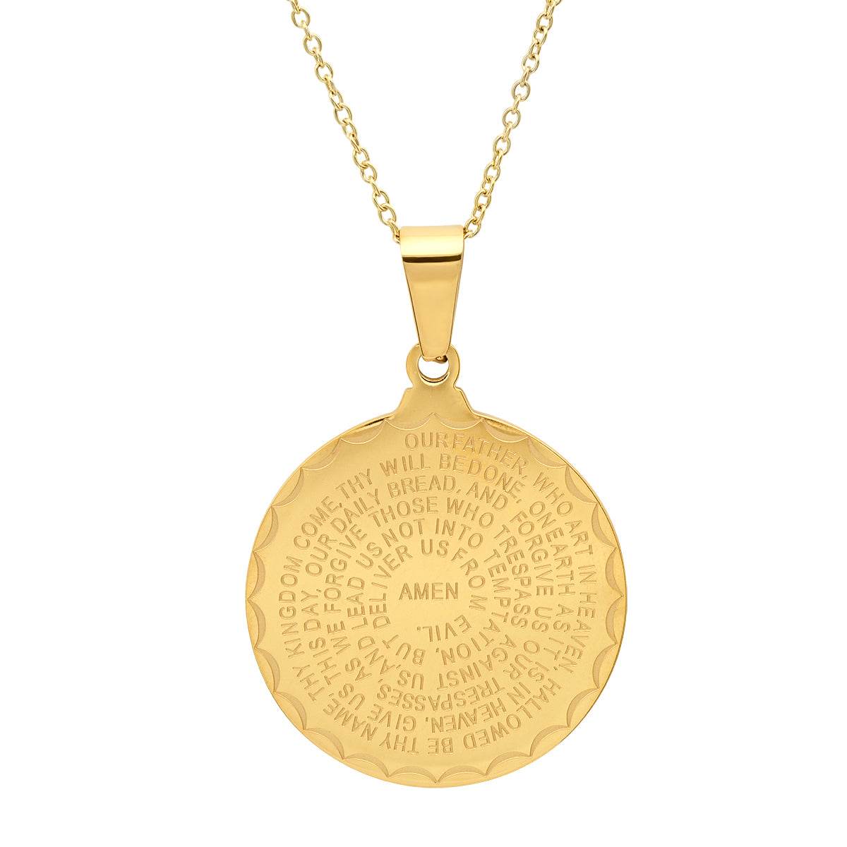 Ladies 18kt Gold Plated Our Father English Prayer Round Reversible Pendant - Steel Time
