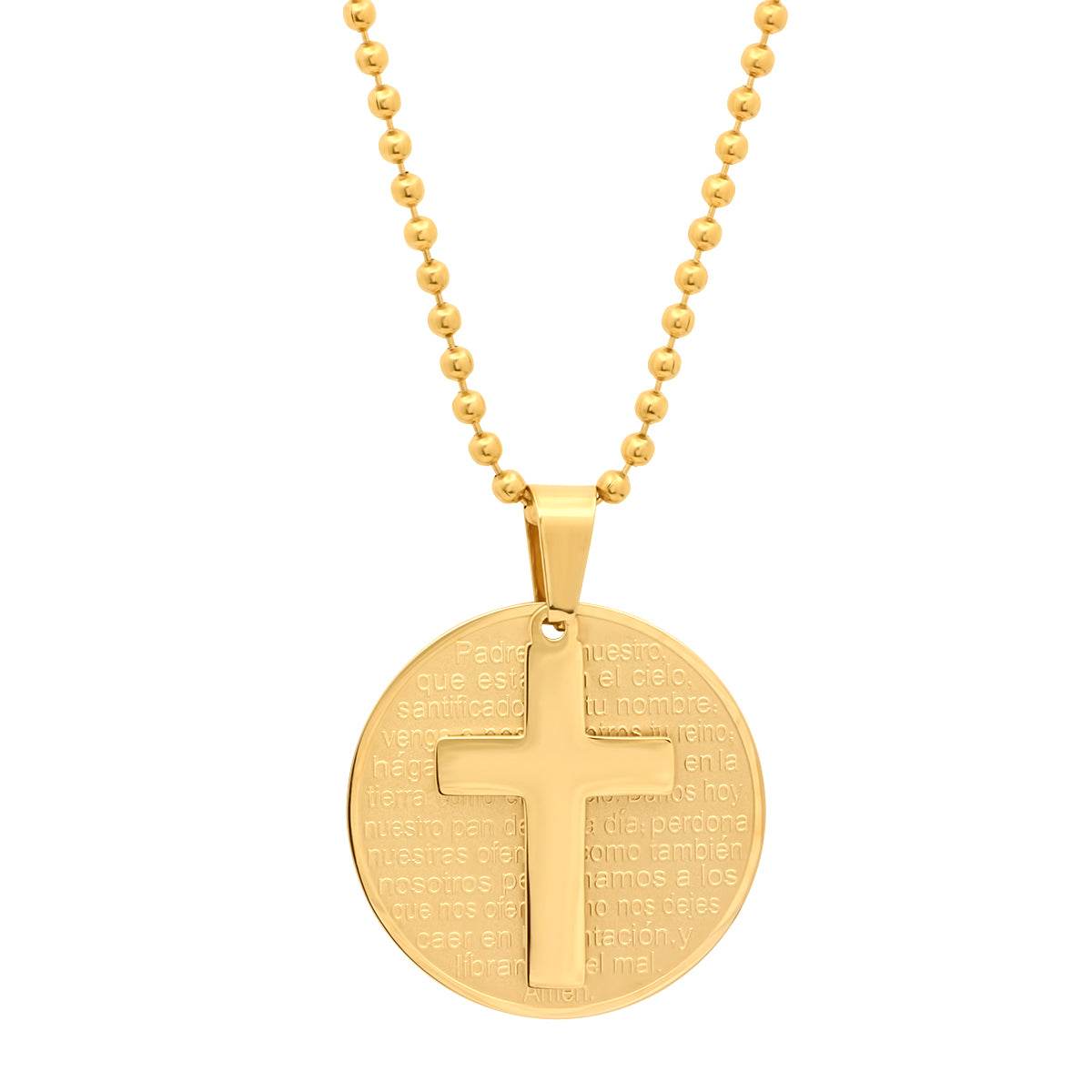 Ladies Round Padre Nuestro Prayer Pendant With Cross - Steel Time