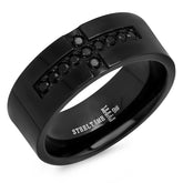 Black IP Band Ring With Simulated Diamond Cross Accent