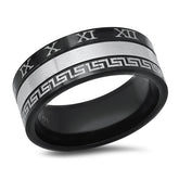 Stainless Steel Band Ring With Greek Key Accents & Roman Numerals