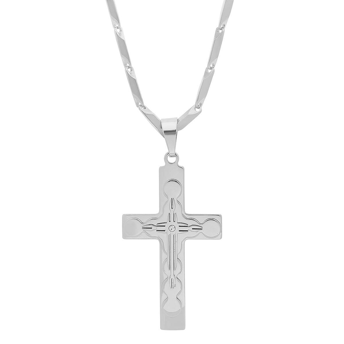 Stainless Steel Simulated Diamond Cross Pendant - Steel Time