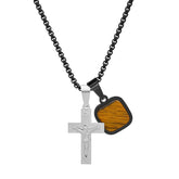 Two Tone Black Ip And Stainless Steel Cross And Tiger Eye Dog Tag Pendant
