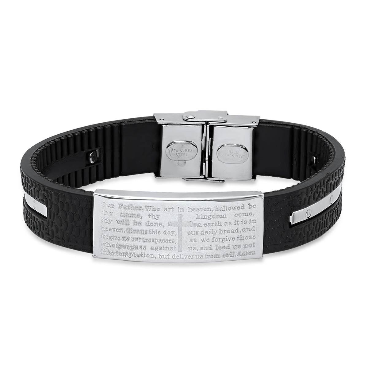 Black Rubber And Stainless Steel Our Father Prayer Ridged Bracelet - Steel Time