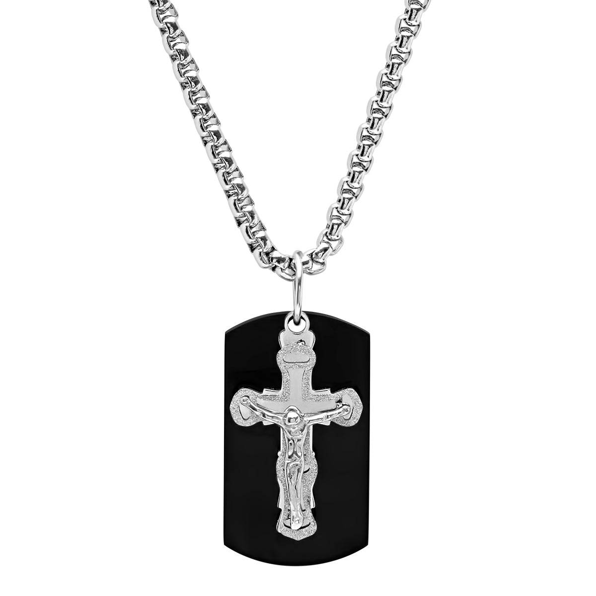 Stainless Steel Sandblast Crucifix And Black Ip Dog Tag Pendant Necklace - Steel Time