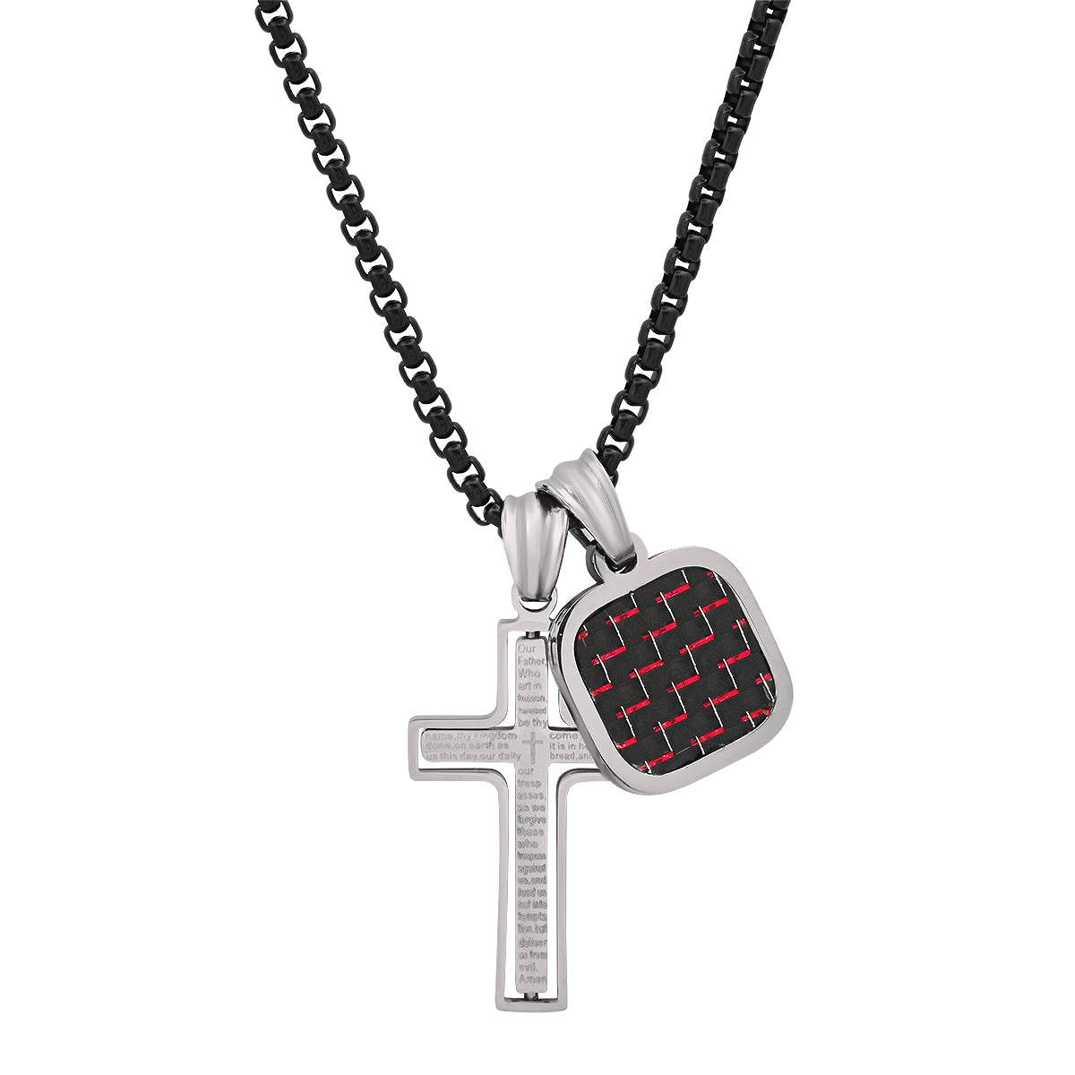Two Tone Black Ip And Stainless Steel Spinning Lords Prayer Cross And Red/Black Carbon Fiber Dog Tag Pendant - Steel Time