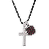 Two Tone Black Ip And Stainless Steel Spinning Lords Prayer Cross And Red/Black Carbon Fiber Dog Tag Pendant - Steel Time