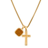 Black Ip Stainless Steel Lord'S Prayer Spinning Cross And Tiger Eye Dog Tag Pendants