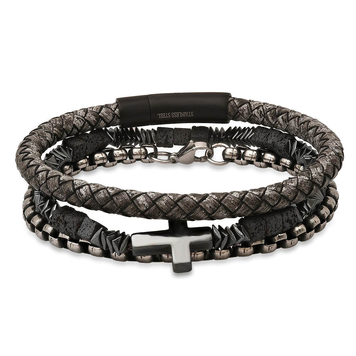 Gray Braided Leather/Black Ip Stainless Steel, Stainless Steel Round Link And Hematite/Lava Beaded 3Pc Bracelet Set - Steel Time