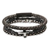 Gray Braided Leather/Black Ip Stainless Steel, Stainless Steel Round Link And Hematite/Lava Beaded 3Pc Bracelet Set - Steel Time