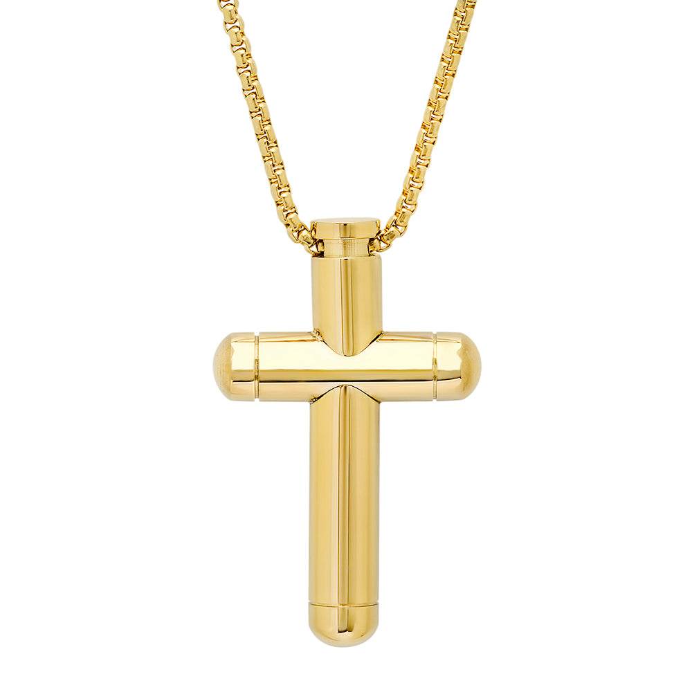 18K Gold Plated Stainless Steel Tube Cross Pendant - Steel Time