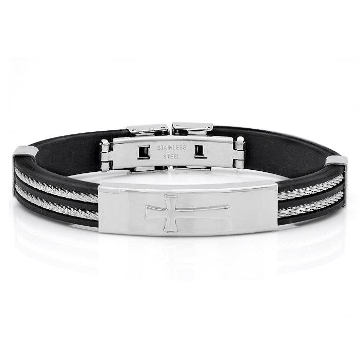 Rubber Bracelet With Cable Wire And Cross Design - Steel Time