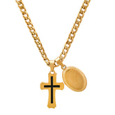 18K Gold Plated Stainless Steel And Black Enamel Cross & Guadalupe Oval Pendants