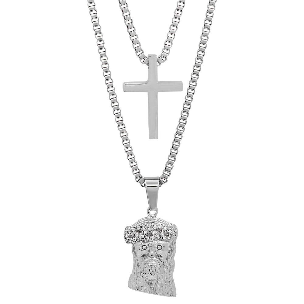 Stainless Steel Double Layered Cross And Jesus With Simulated Diamonds Necklace - Steel Time