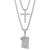 Stainless Steel Double Layered Cross And Jesus With Simulated Diamonds Necklace - Steel Time