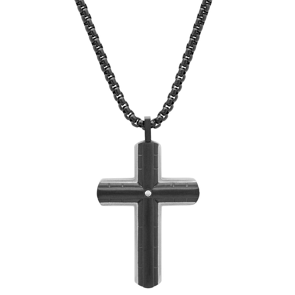 Black Cross Pendant With Simulated Diamond - Steel Time