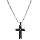 Two Tone Black Ip & Stainless Steel Inlay Wire Cable Cross With Simulated Diamonds Accent Pendant