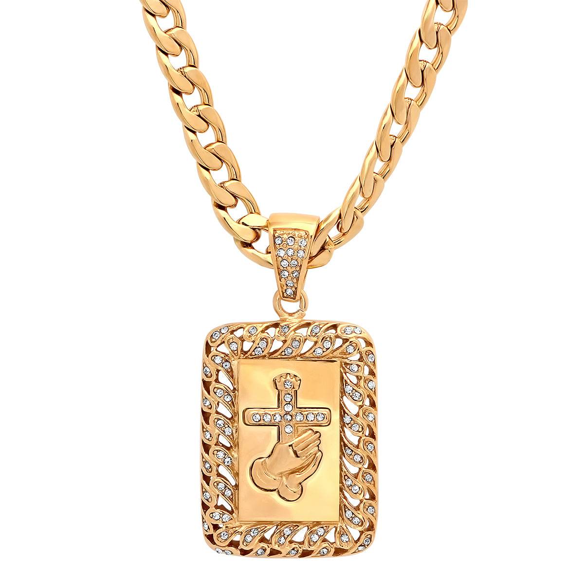 18K Gold Plated Stainless Steel Prayer Hands And Cross Pendant With Simulated Diamonds - Steel Time