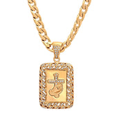 18K Gold Plated Stainless Steel Prayer Hands And Cross Pendant With Simulated Diamonds - Steel Time