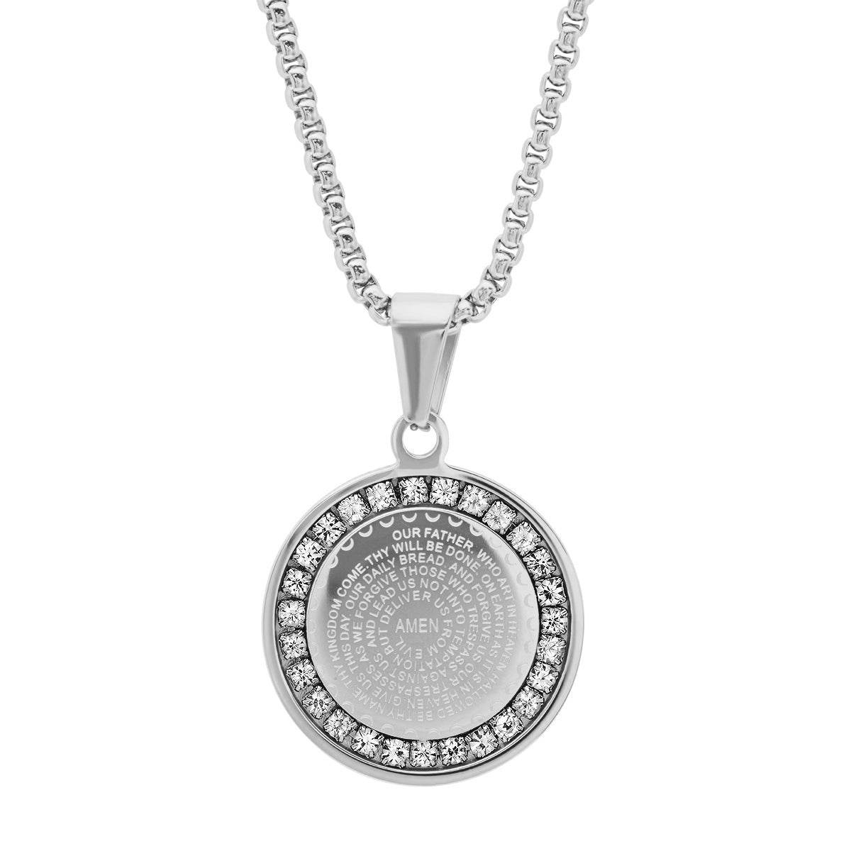 Our Father Prayer Round Pendant With Simulated Diamonds - Steel Time