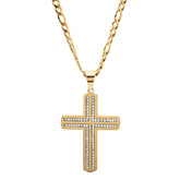 18K Gold Plated Stainless Steel Simulated Diamond Cross Pendant On Figaro Chain