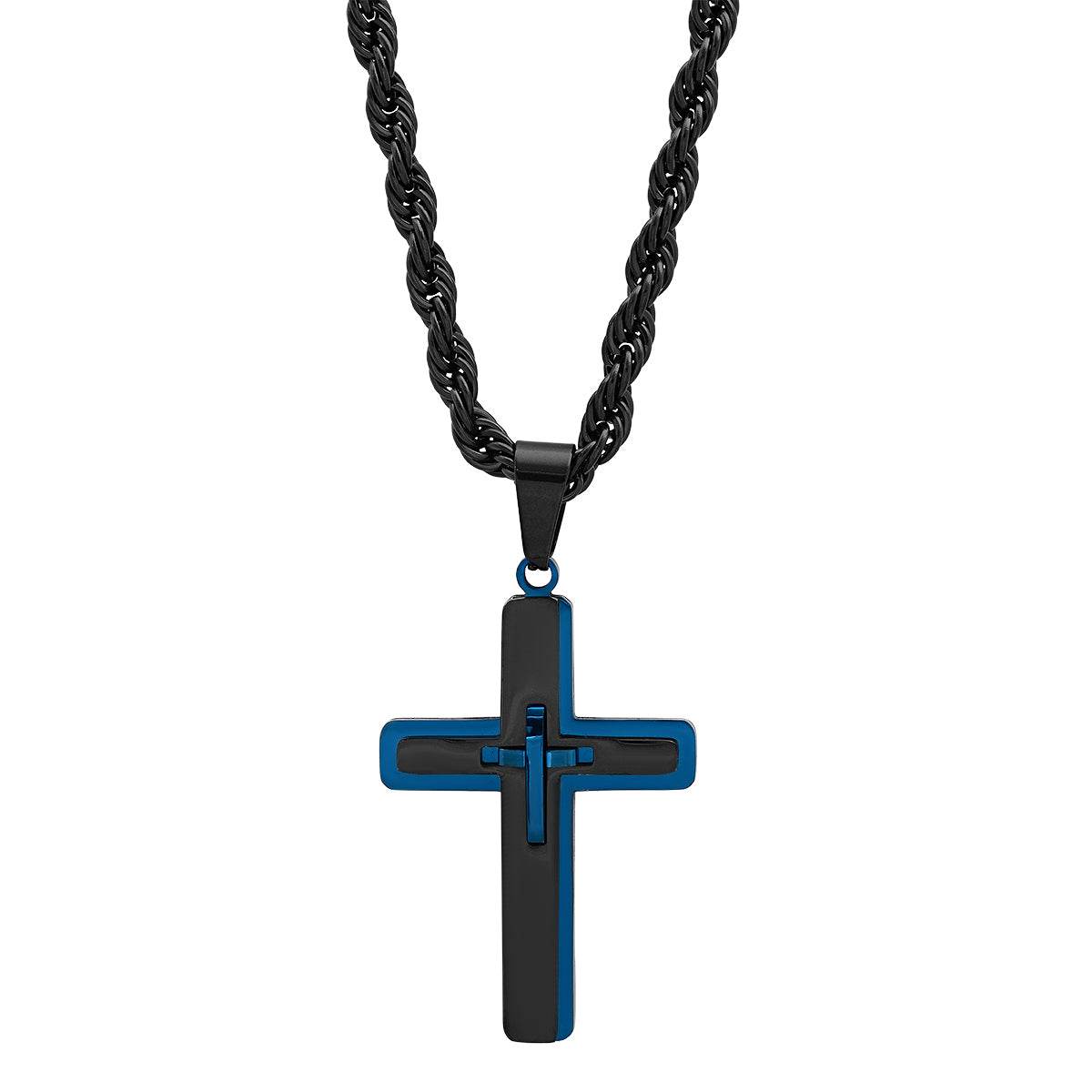 Two Tone Blue & Black Ip Stainless Steel Crucifix Pendant - Steel Time