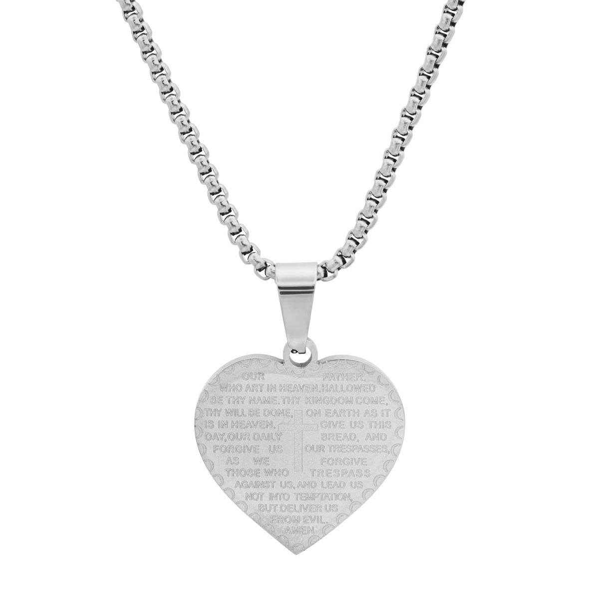 Ladies Stainless Steel Heart Shape Our Father English Prayer Pendant - Steel Time