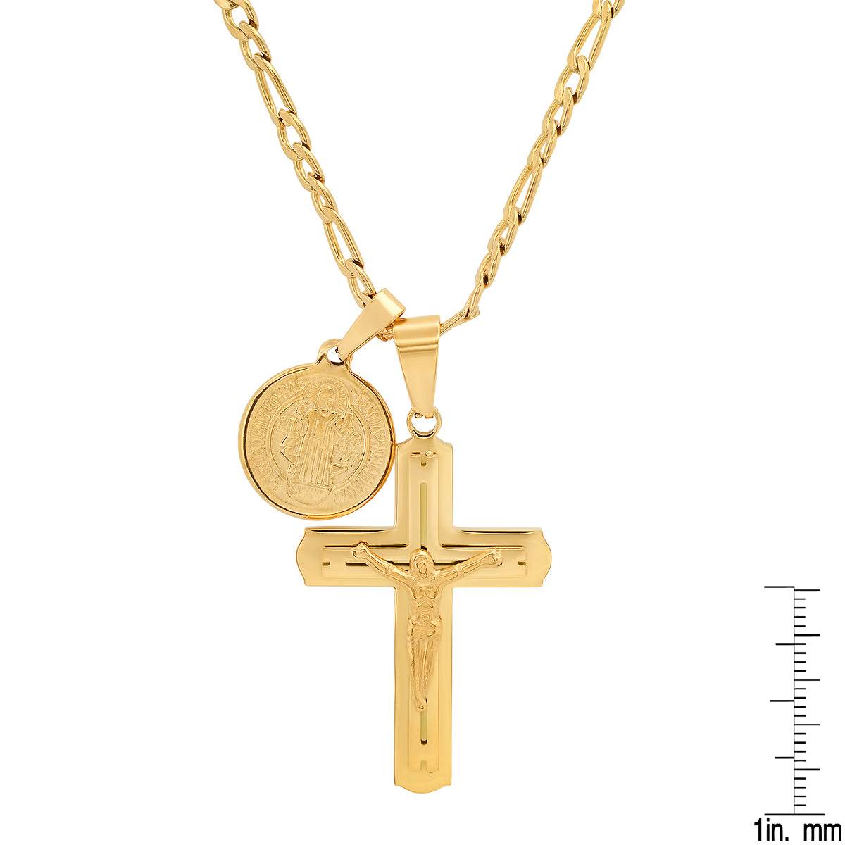 18K Gold Plated Crucifix And St. Benedict Pendant - Steel Time