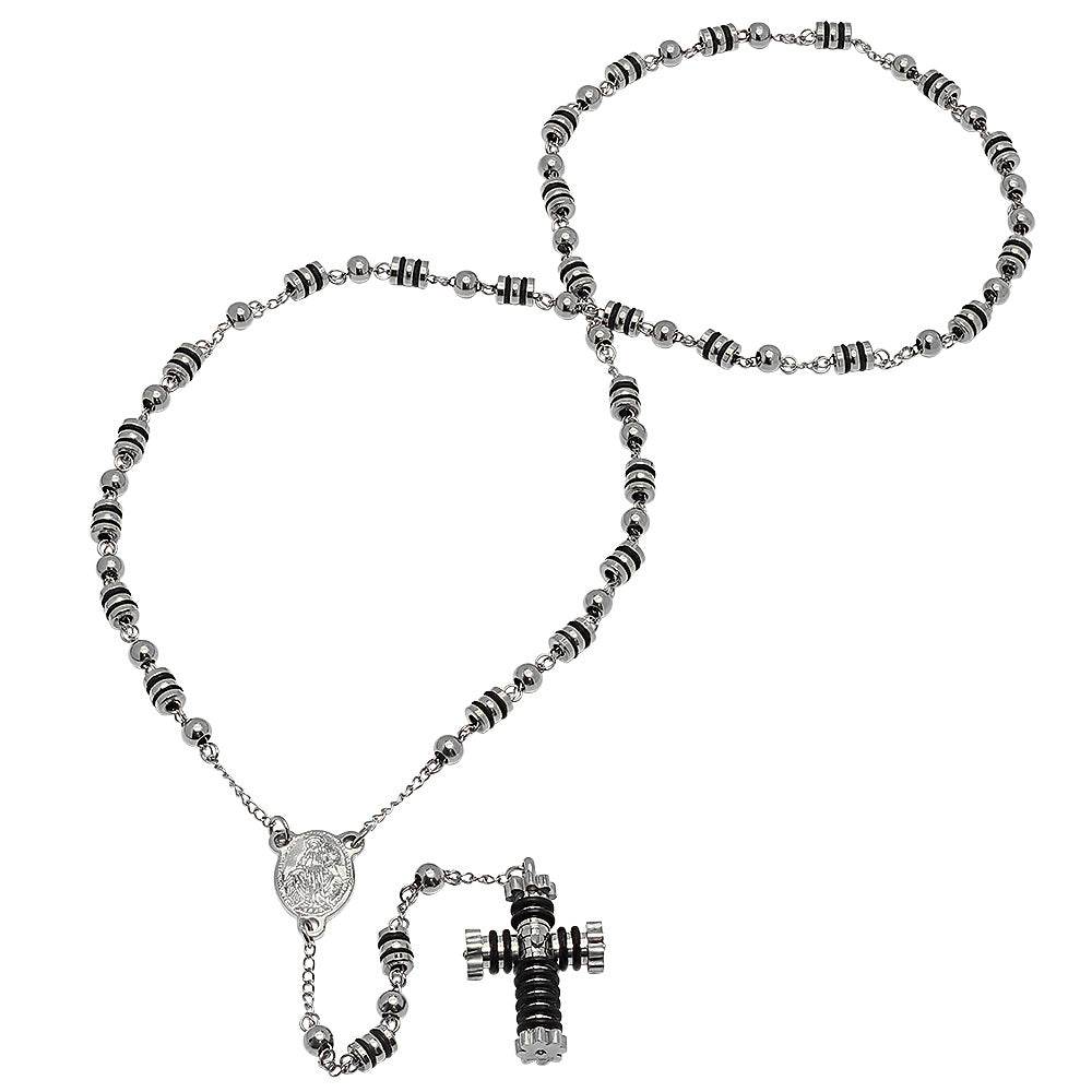 Stainless Steel And Black Rubber Rosary Necklace - Steel Time
