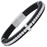 Men's Black Leather & Simulated Diamond Inlay Bracelet