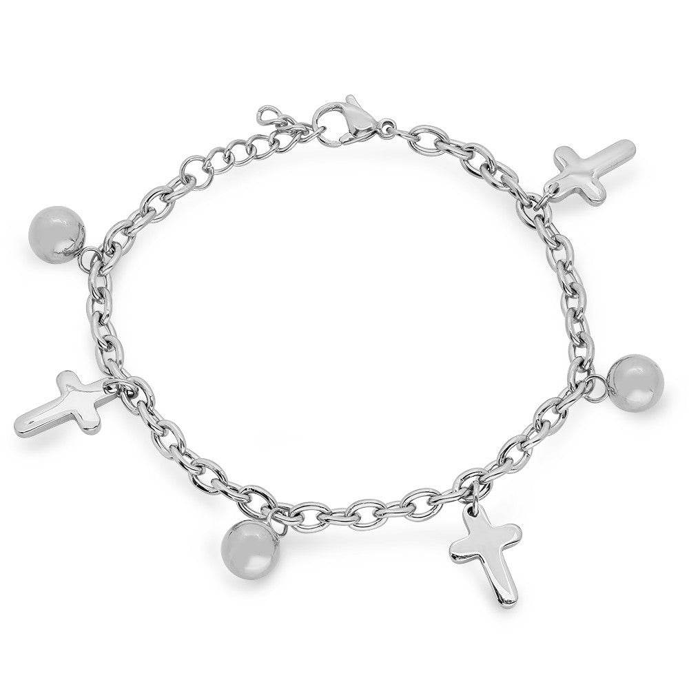 SteelTime Women's Stainless Steel Bracelet With Cross And Ball Charms - Steel Time
