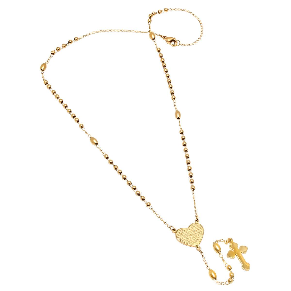Ladies 18k Gold Plated Stainless Steel Padre Nuestro Prayer Heart Rosary Necklace - Steel Time