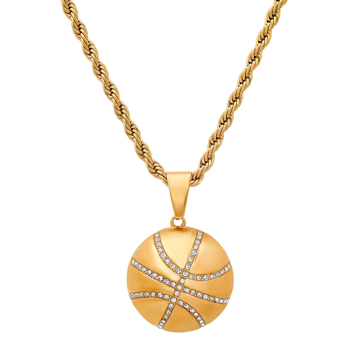 Round Basketball Stainless Steel Pendant With Simulated Diamonds - Steel Time