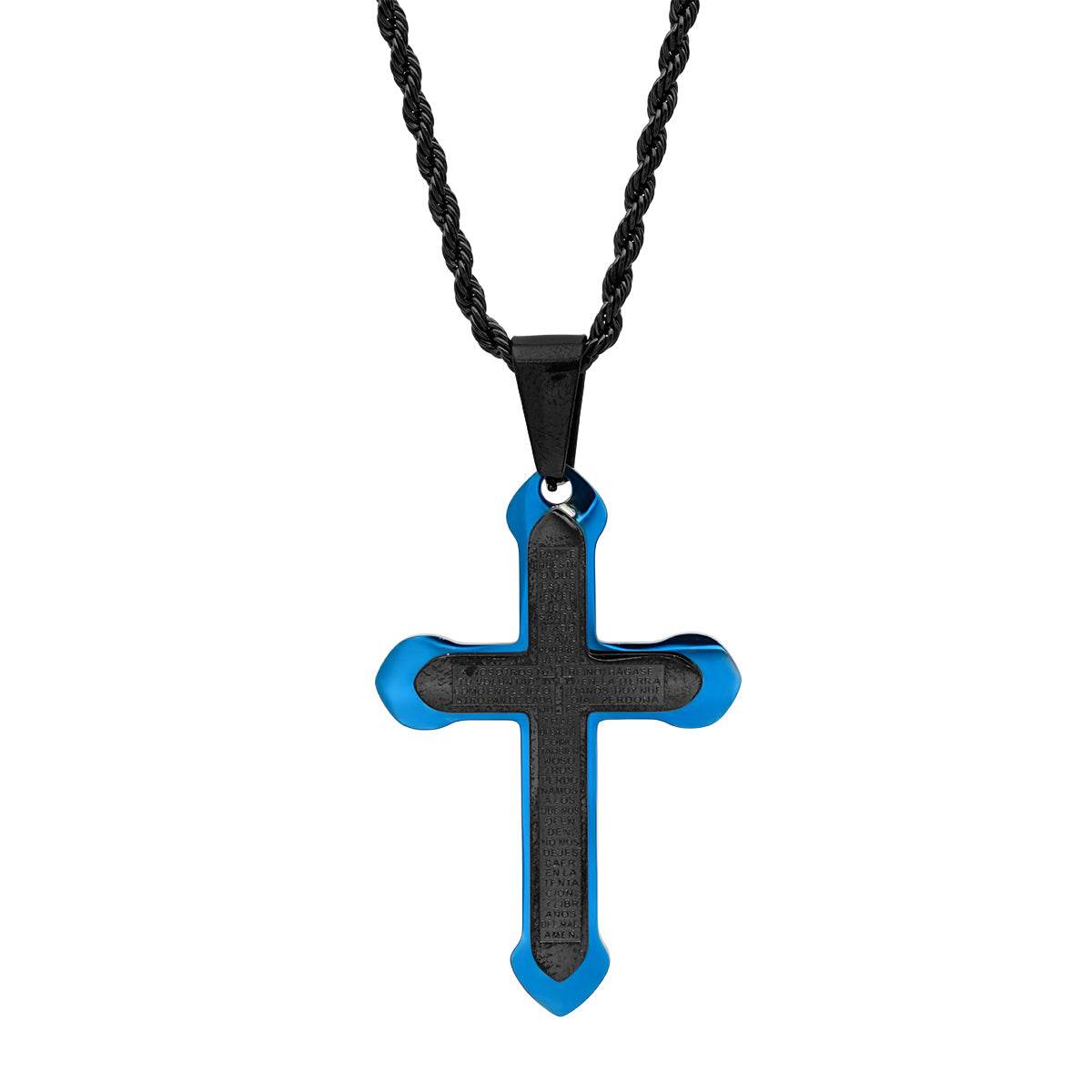 Black And Blue Ip Padre Nuestro Spanish Prayer Cross Pendant - Steel Time