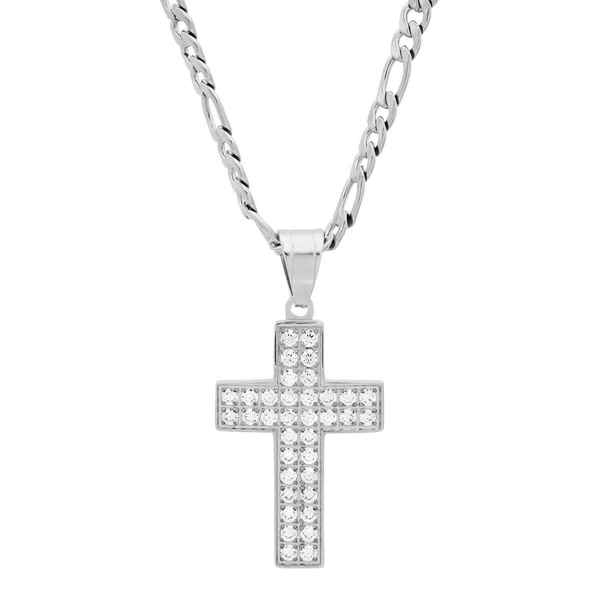 Stainless Steel And Simulated Diamond Cross Pendant - Steel Time