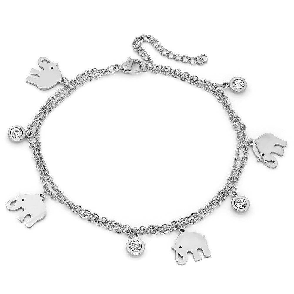 SteelTime Women's Stainless Steel Anklet With Elephant And Adorned With Swarovski Crystals Charms - Steel Time