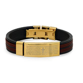 Black & Wine Rubber And 18K Gold Plated Stainless Steel Our Father English Prayer Id Bracelet With Greek Key Accents